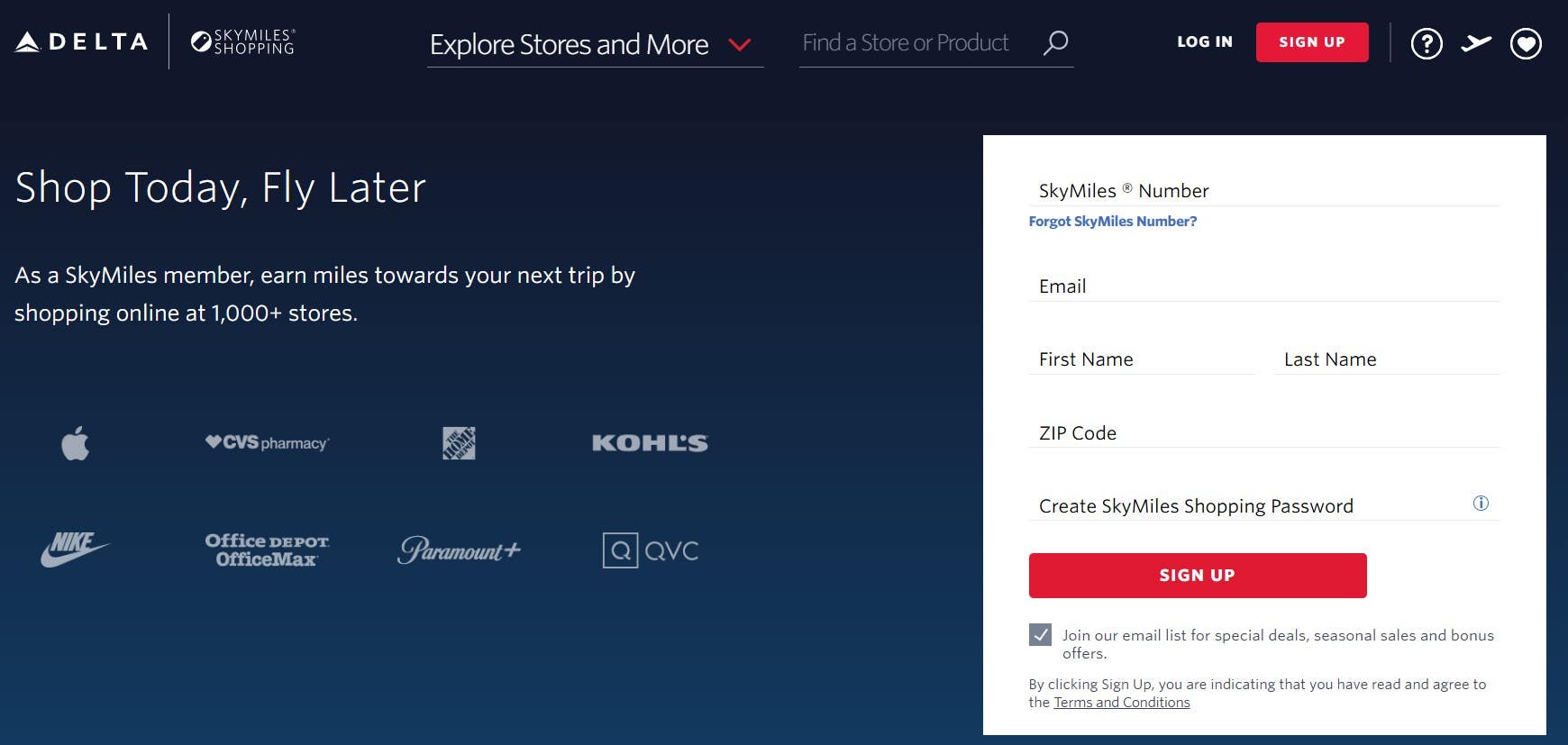 Use your Delta Skymiles number to sign up for a Delta Shopping account